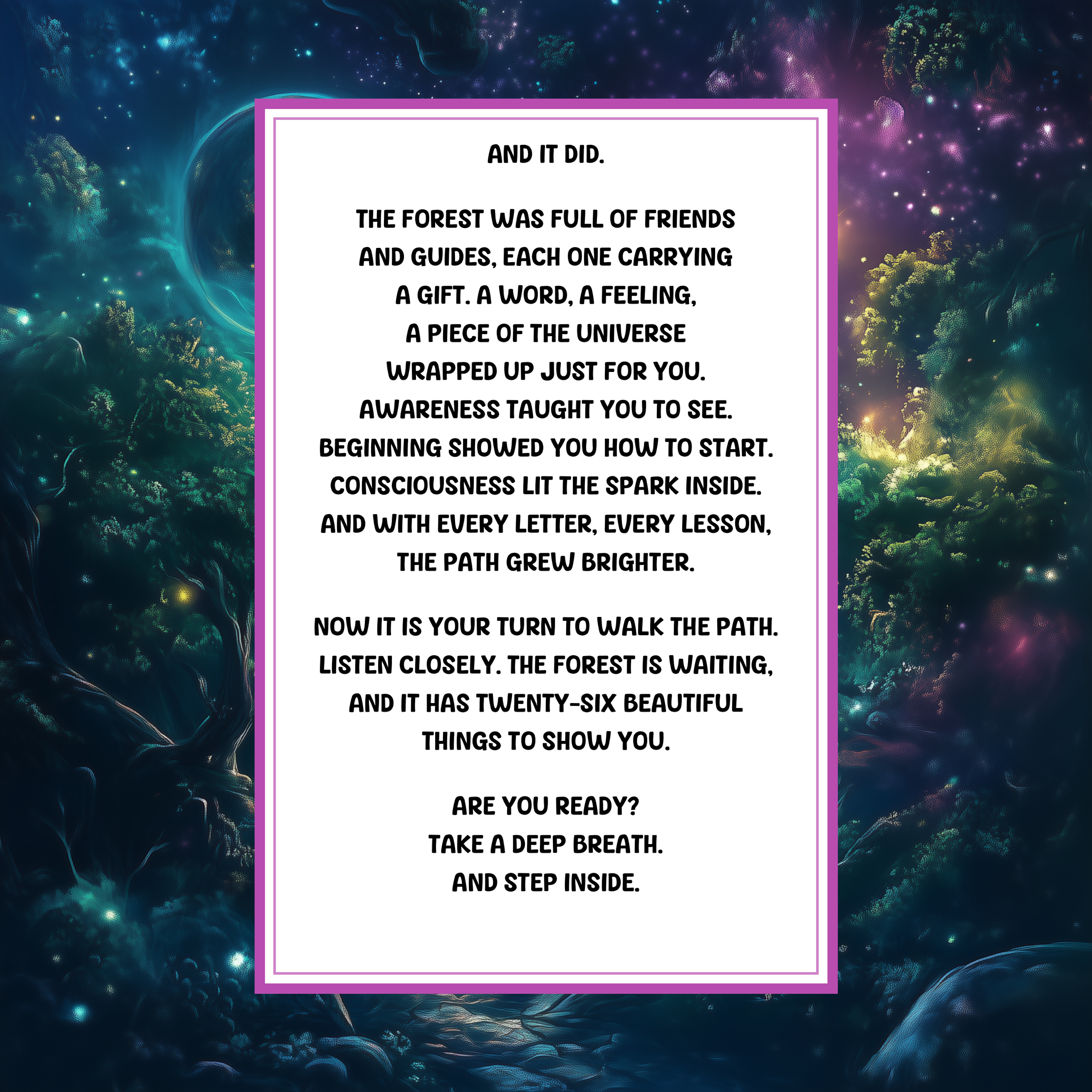 Interior page sample from The ABC's of Consciousness — illustrated children's book page with decorative border and mindfulness message