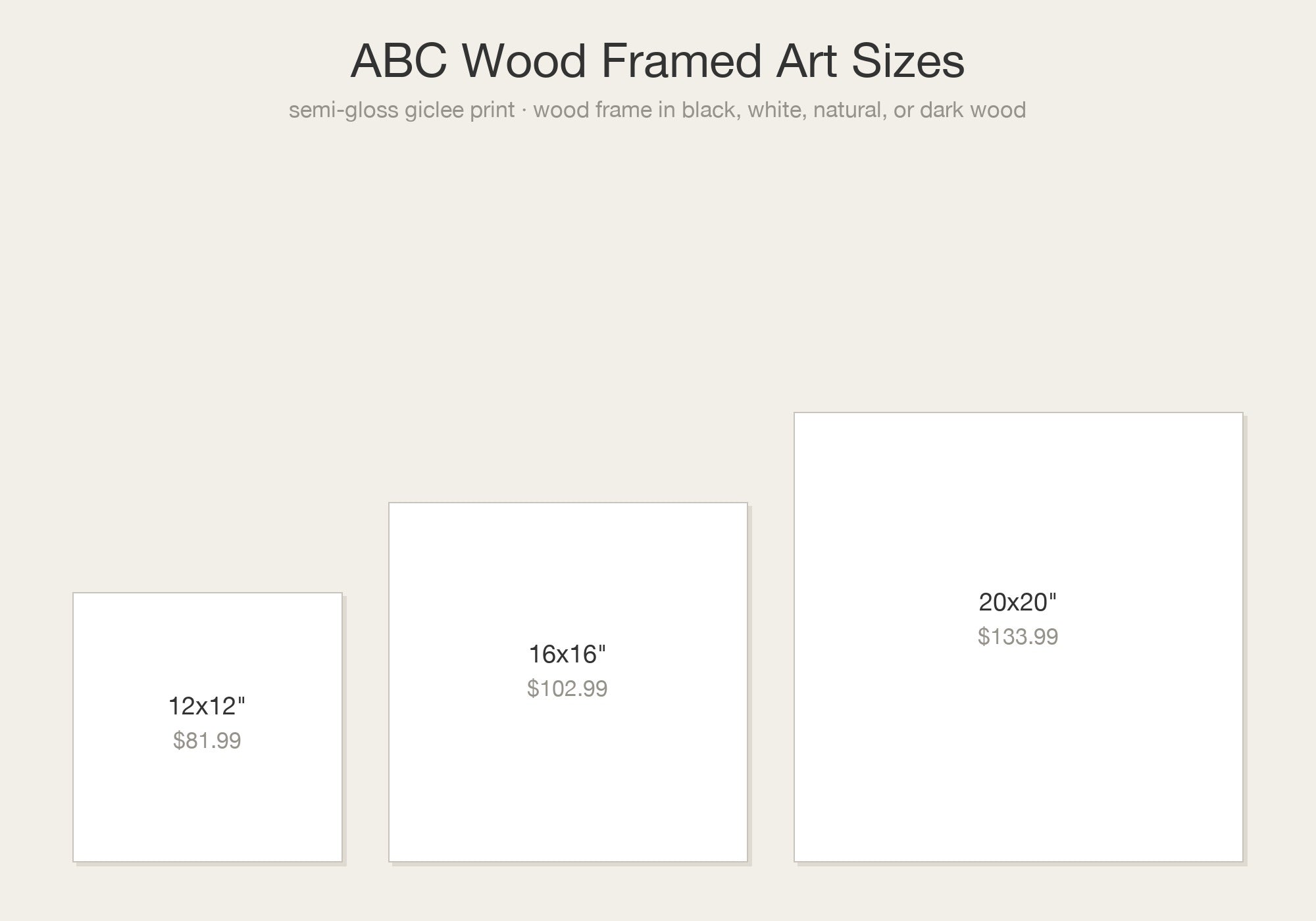 ABC Wood Framed Art size chart with prices