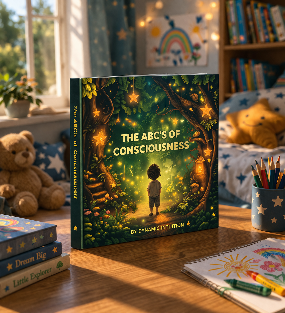 Interior page sample from The ABC's of Consciousness — illustrated children's book page with decorative border and mindfulness message