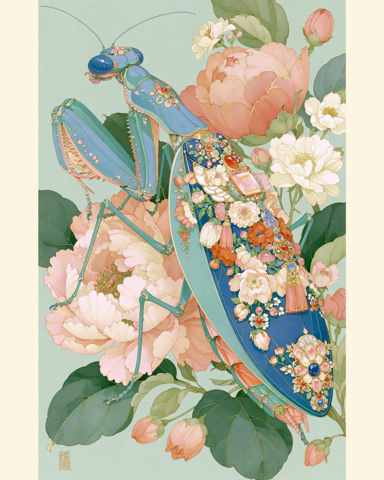 Mantis in the Peonies
