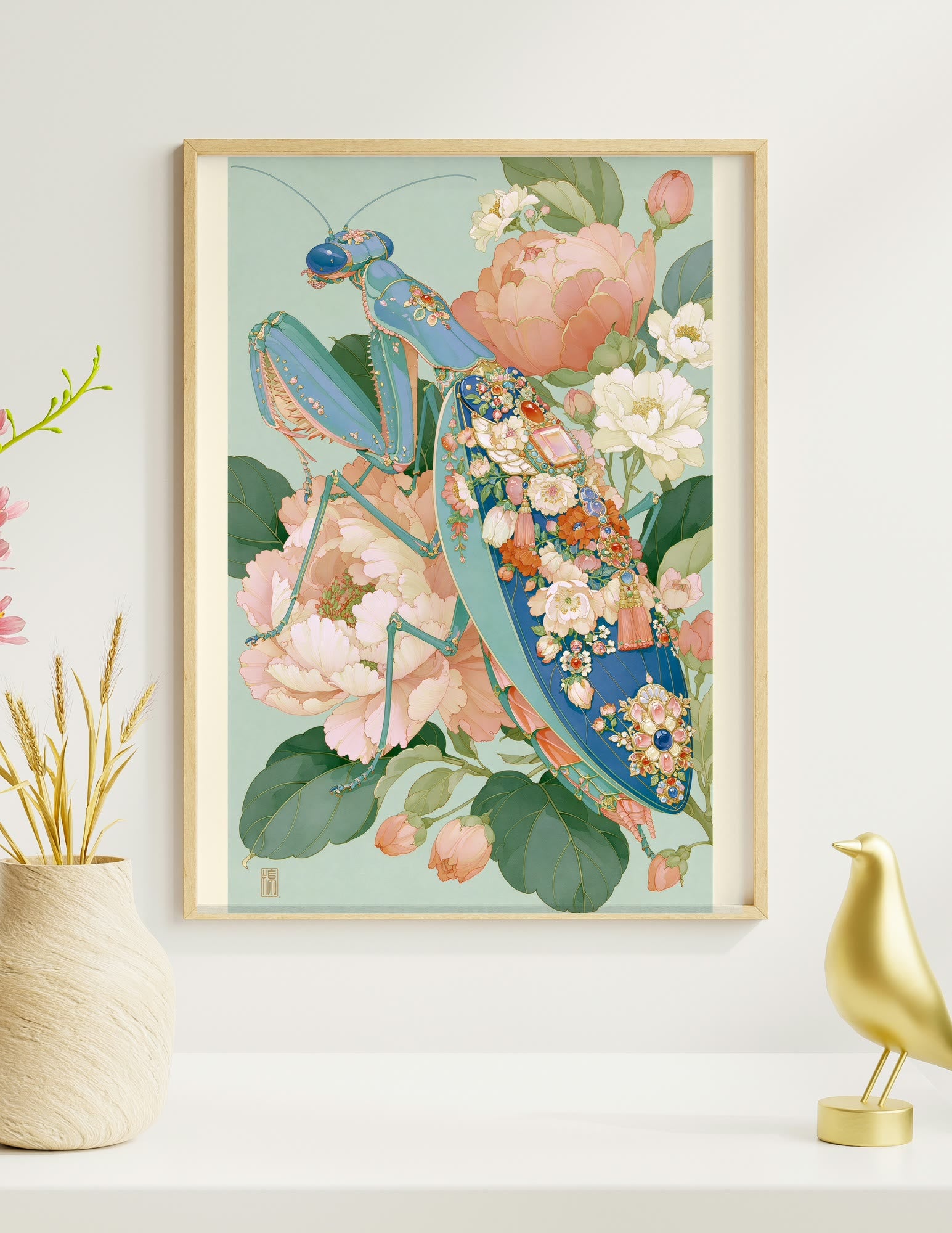Mantis in the Peonies framed room mockup