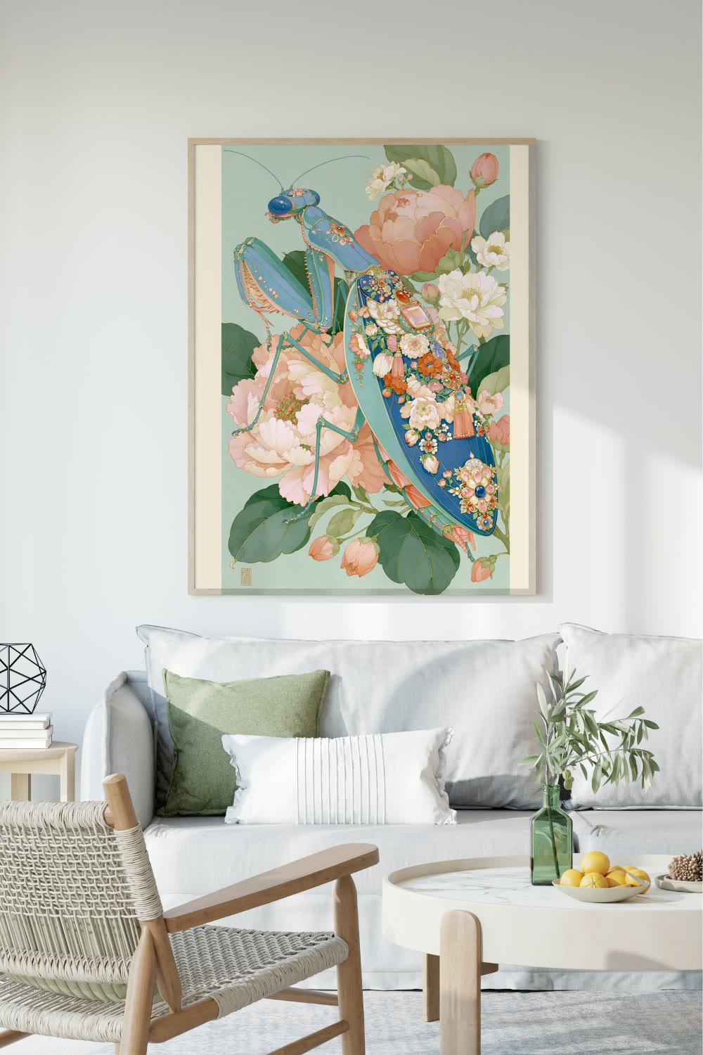Mantis in the Peonies framed room mockup