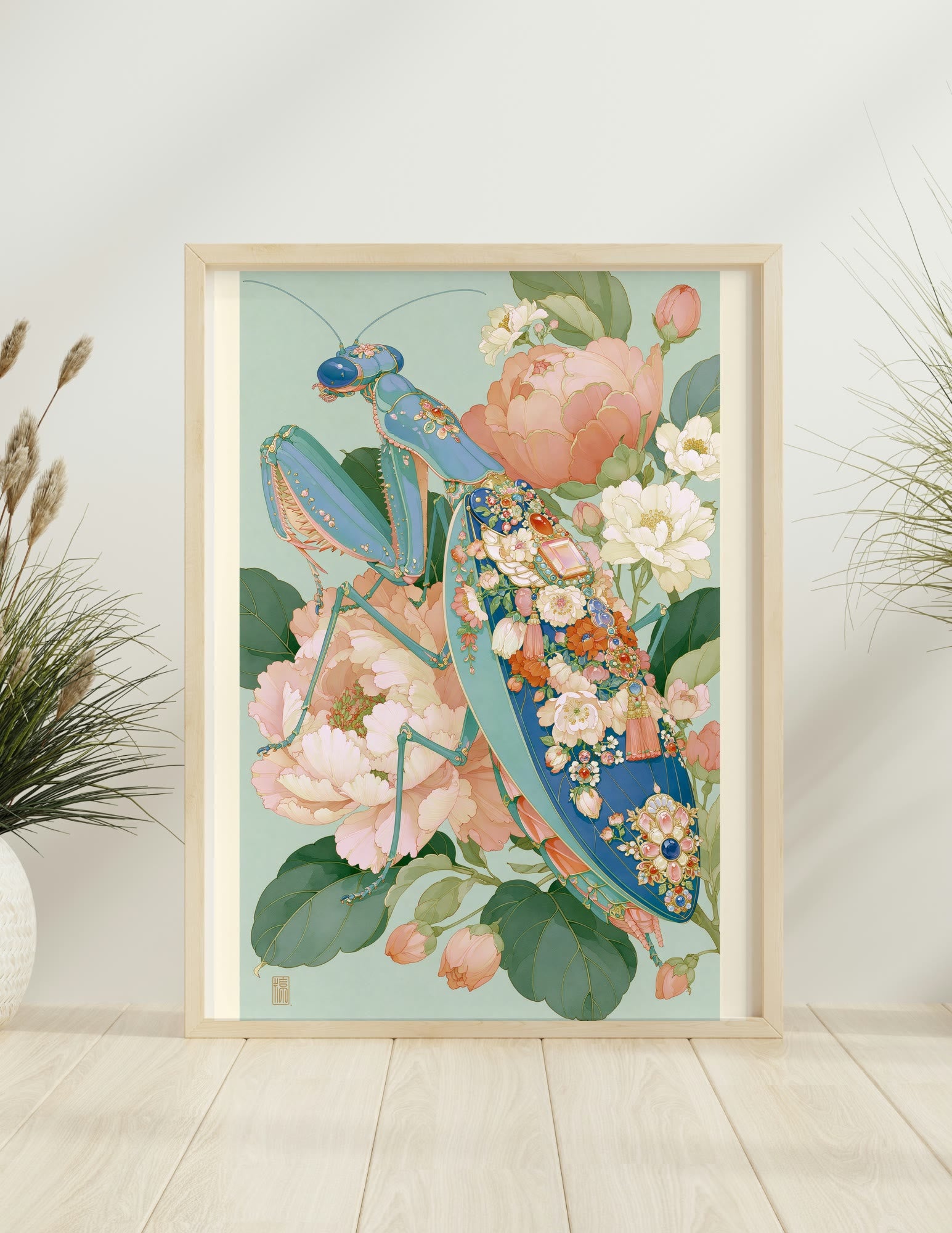 Mantis in the Peonies framed room mockup