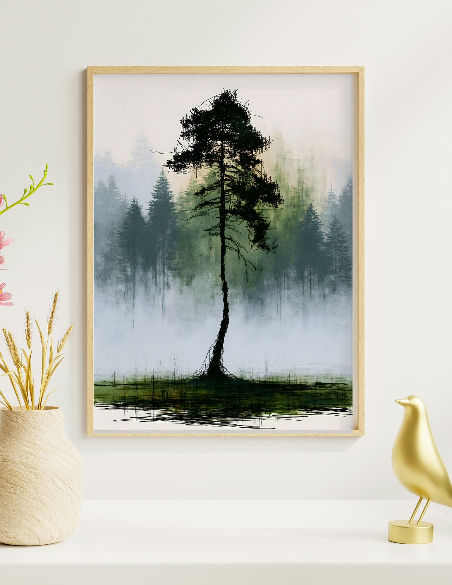 Pine in the Fog framed room mockup