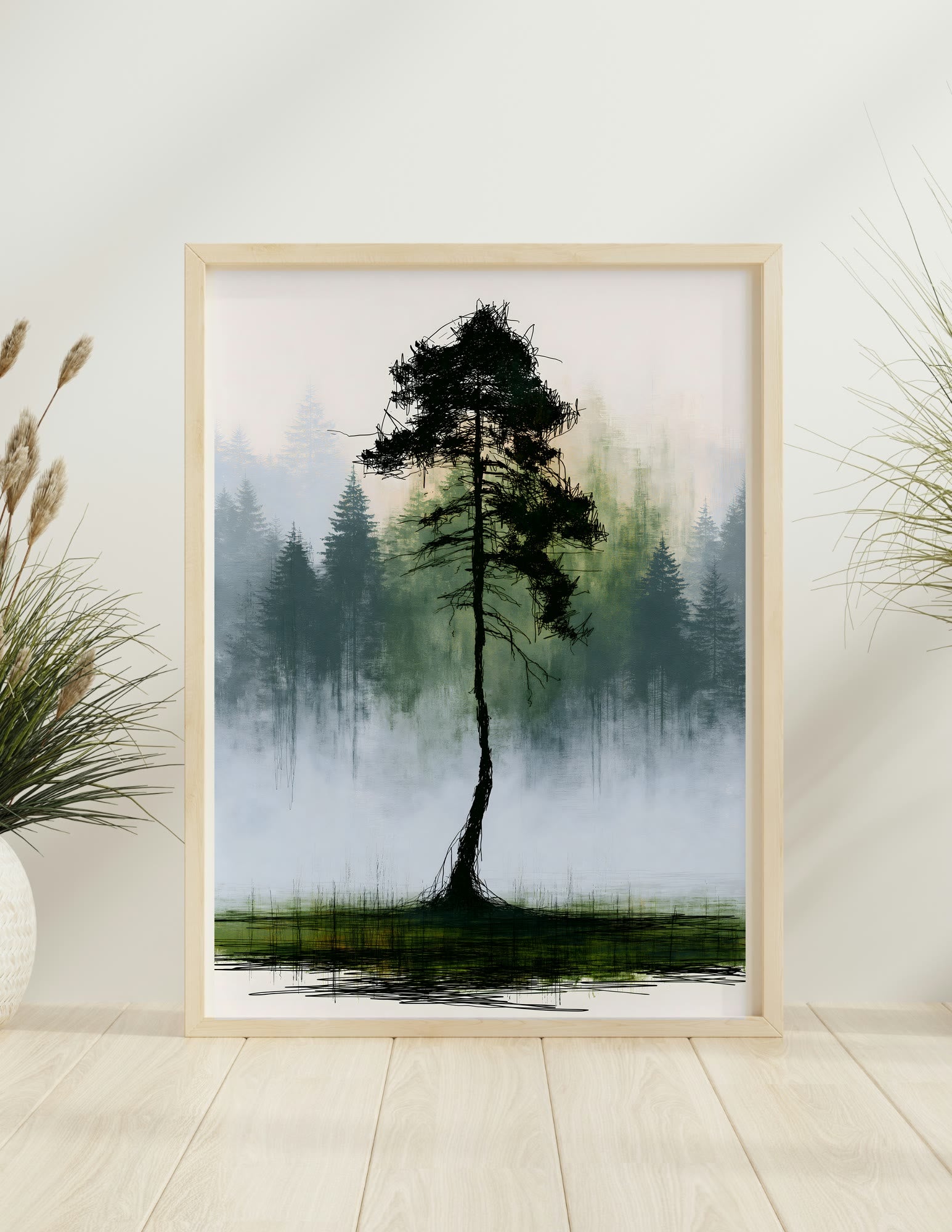 Pine in the Fog framed room mockup