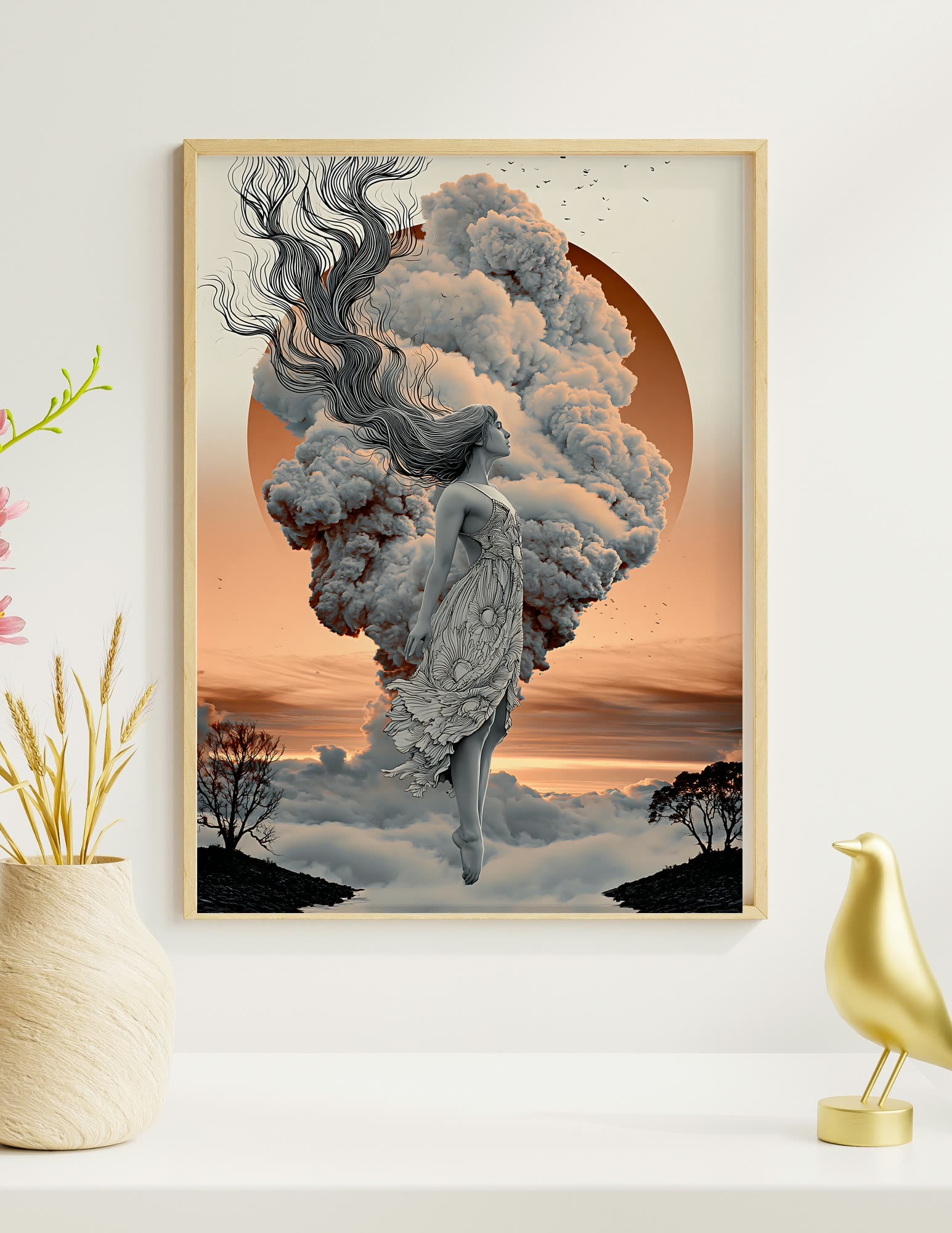She Walks in Clouds framed room mockup