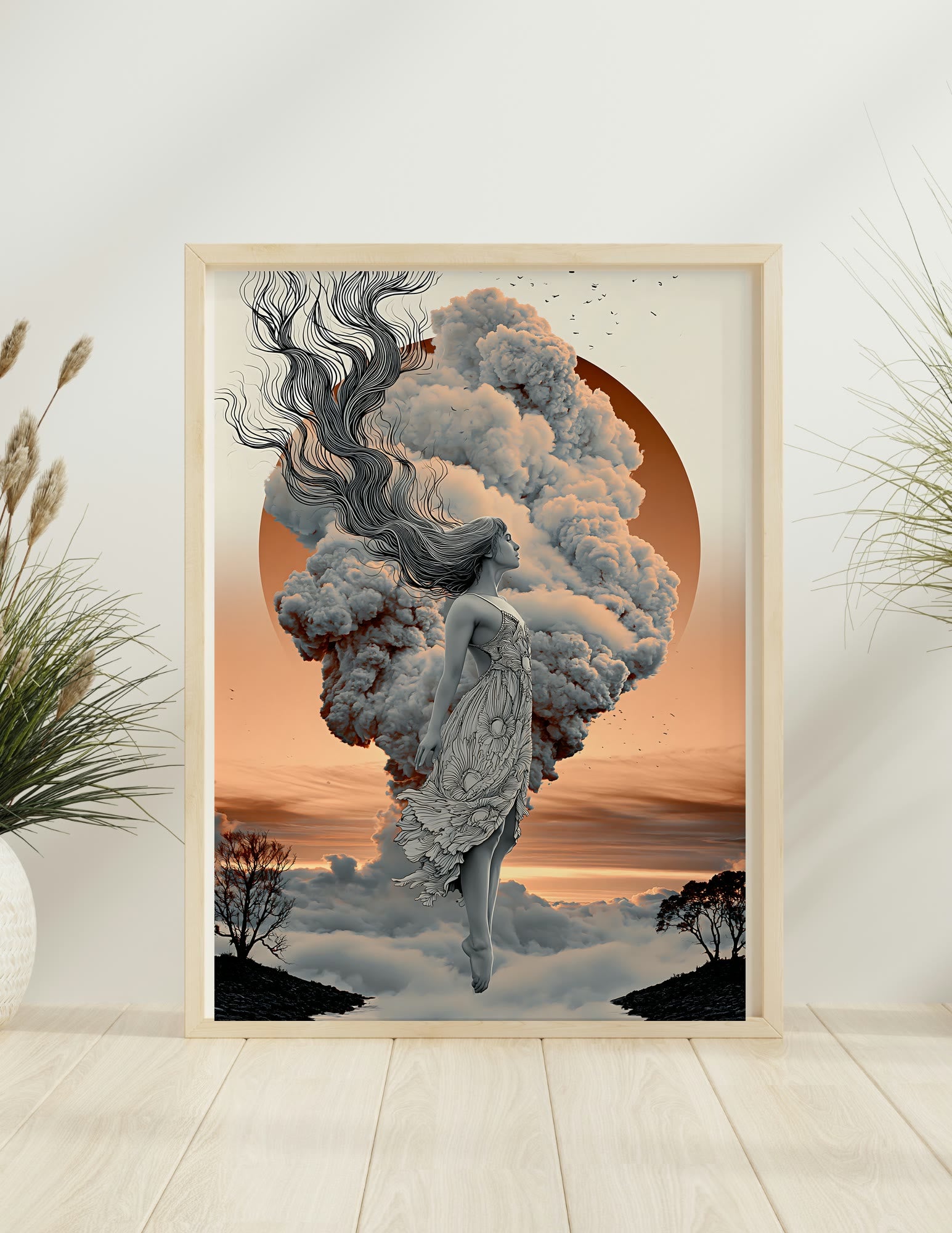 She Walks in Clouds framed room mockup