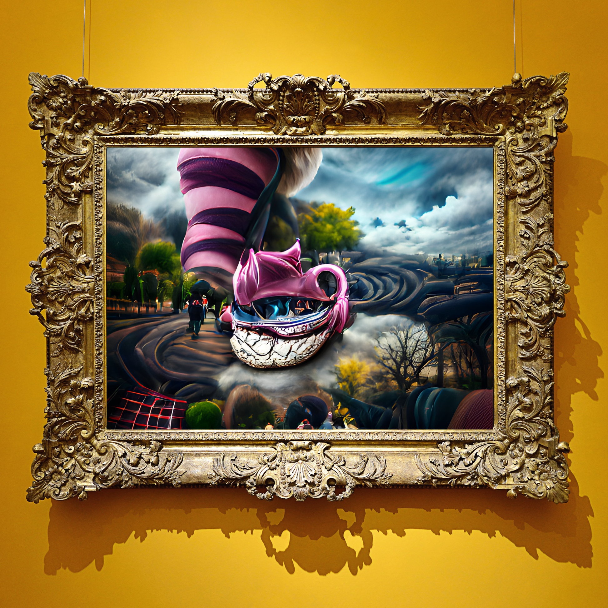 Alice in Wonderland, Alice and Cheshire Cat available as Framed