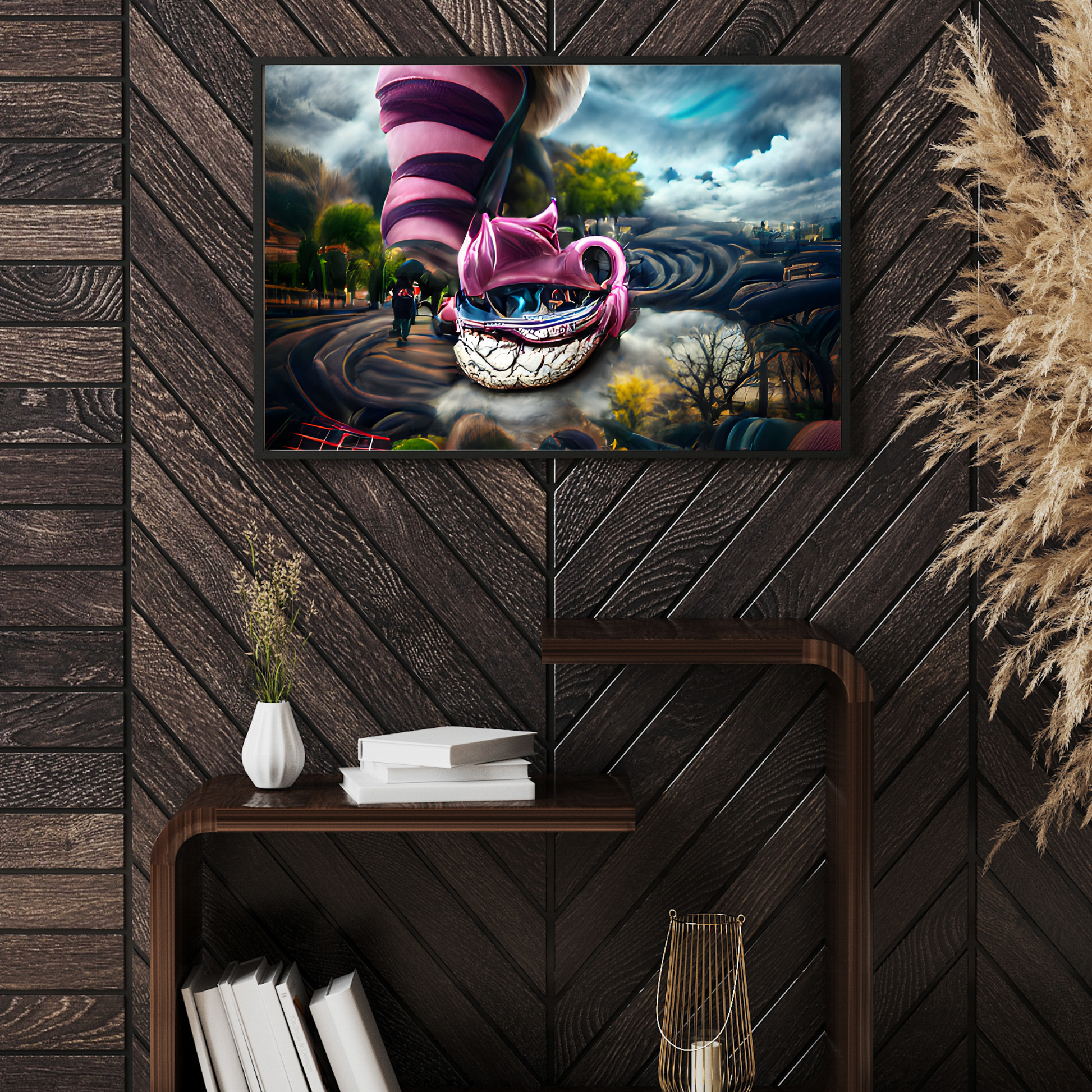 Alice in Wonderland, Alice and Cheshire Cat available as Framed